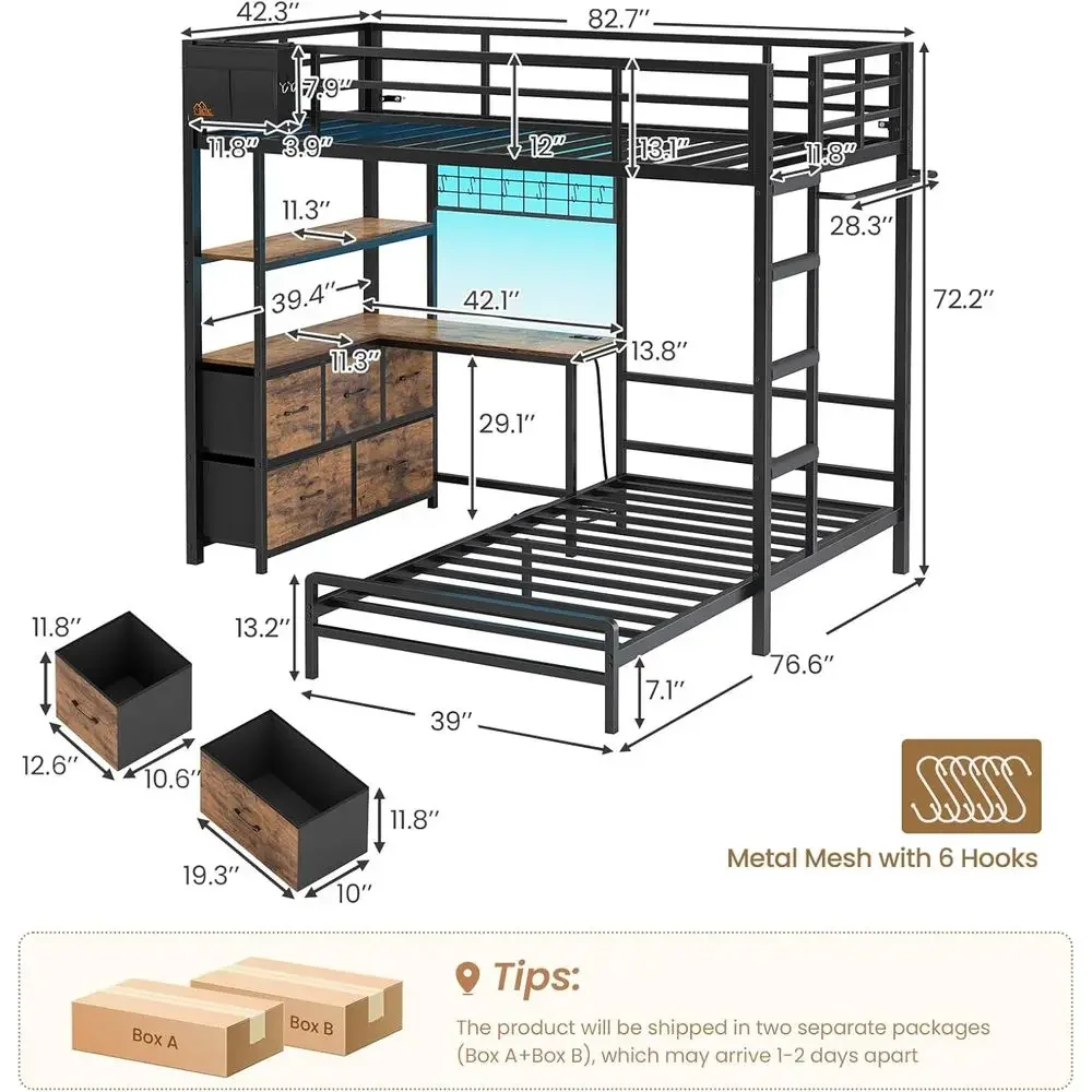 L-Shaped Desk Twin XL Over Twin Bunk Bed with Storage, LED Lights, Charging Station, and Safety Guardrail in Black
