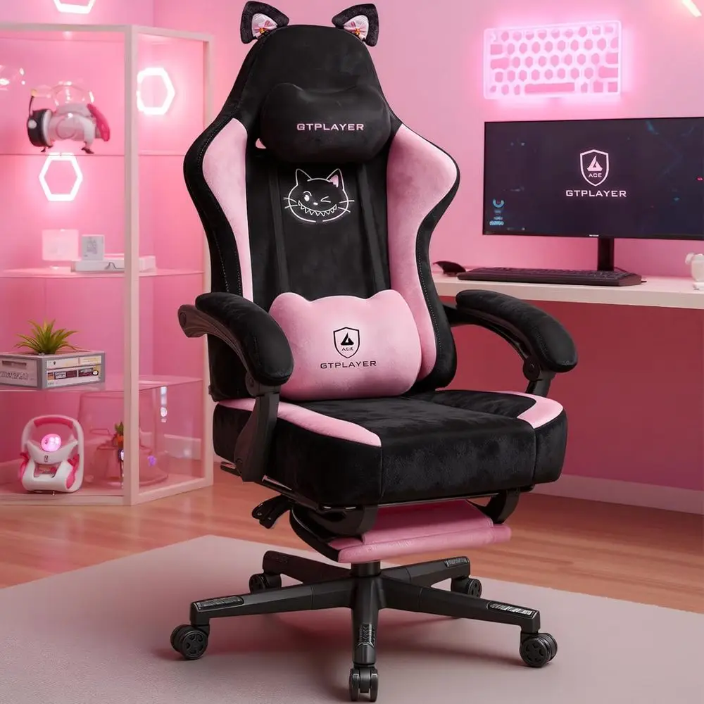 Pink Gaming Chair Cute with Cat Ears Ergonomic Computer Chair with Cat Embroidery Adjustable Memory oam Lumbar Support and rest