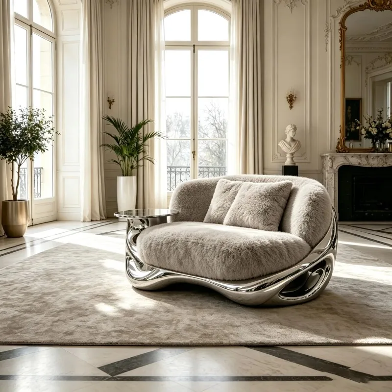 Glass fiber frame wavy double sofa gray fluffy plush upholstered sofa suitable for luxury villa living room home space