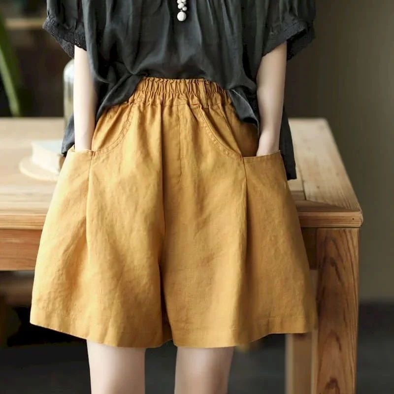 여성을위한 팝 솔리드 반바지 여름 캐주얼 코튼 스트레이트 짧은 바지 한국 스타일 탄성 허리 5 점 바지 여성 Clothi