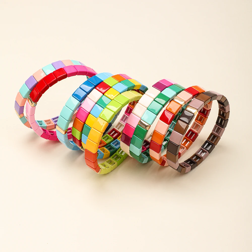 2024 Bohemian Rainbow Alloy Square Beads Bracelet for Women Y2K Color Bangle Elastic New Fashions Jewelry Wholesale