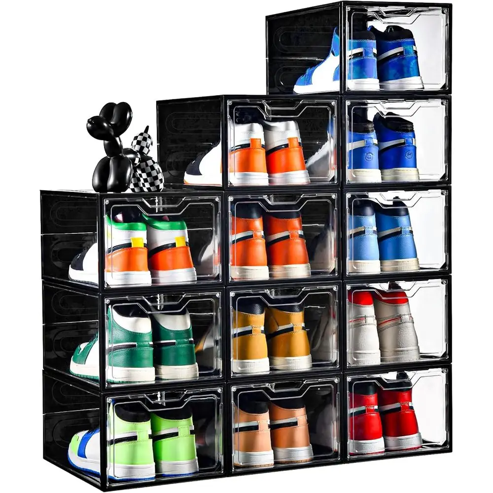 Stackable Shoe Organizer with Magnetic Door, Clear Black Plastic Shoe Boxes, US Size 12