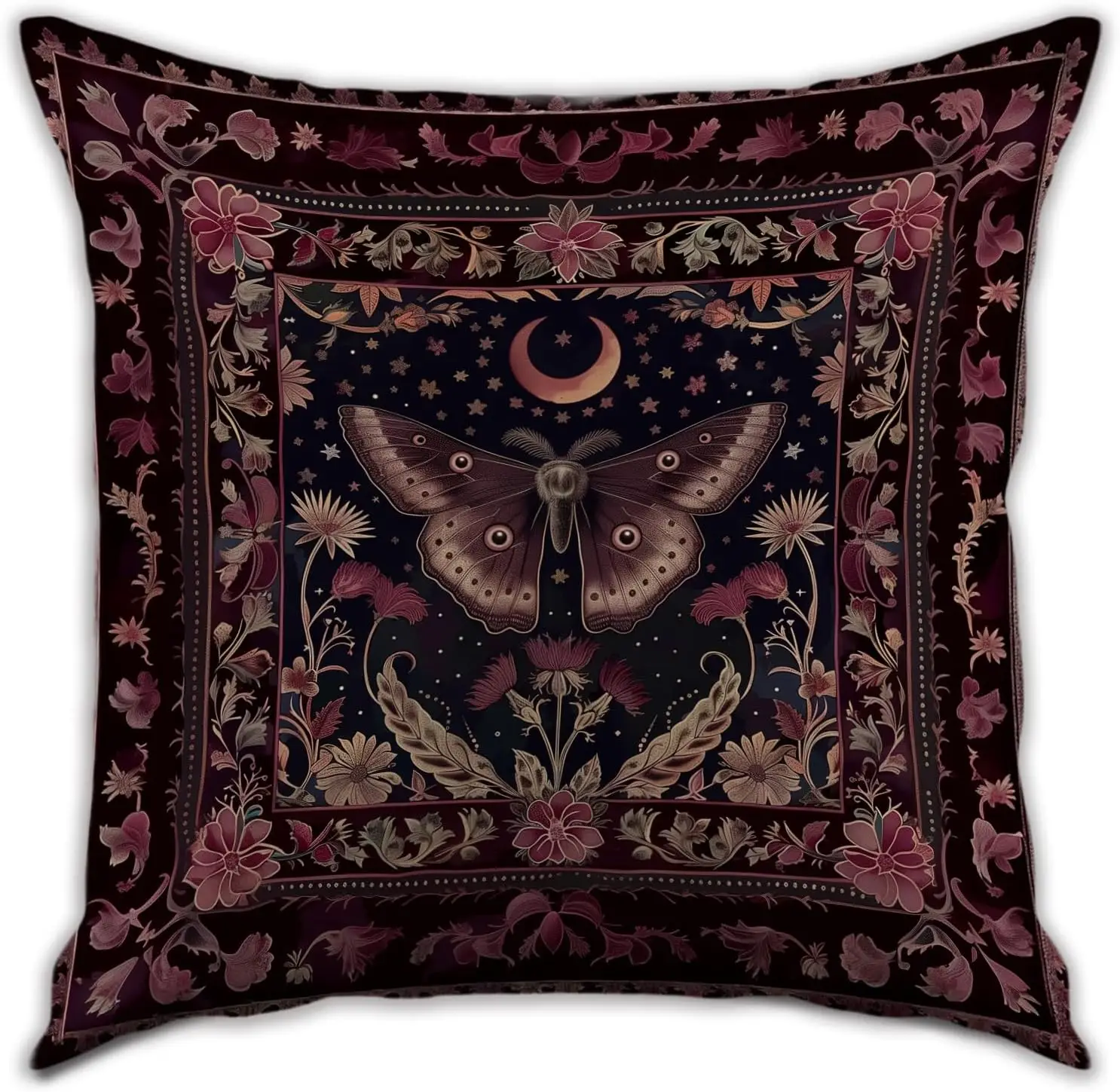 1pcsThrow Pillow Cover with Moon&Floral Design, Vintage Dark Mystic Pillowcase Art Print Decor, Indoor Cushion Case for Sofa Cou