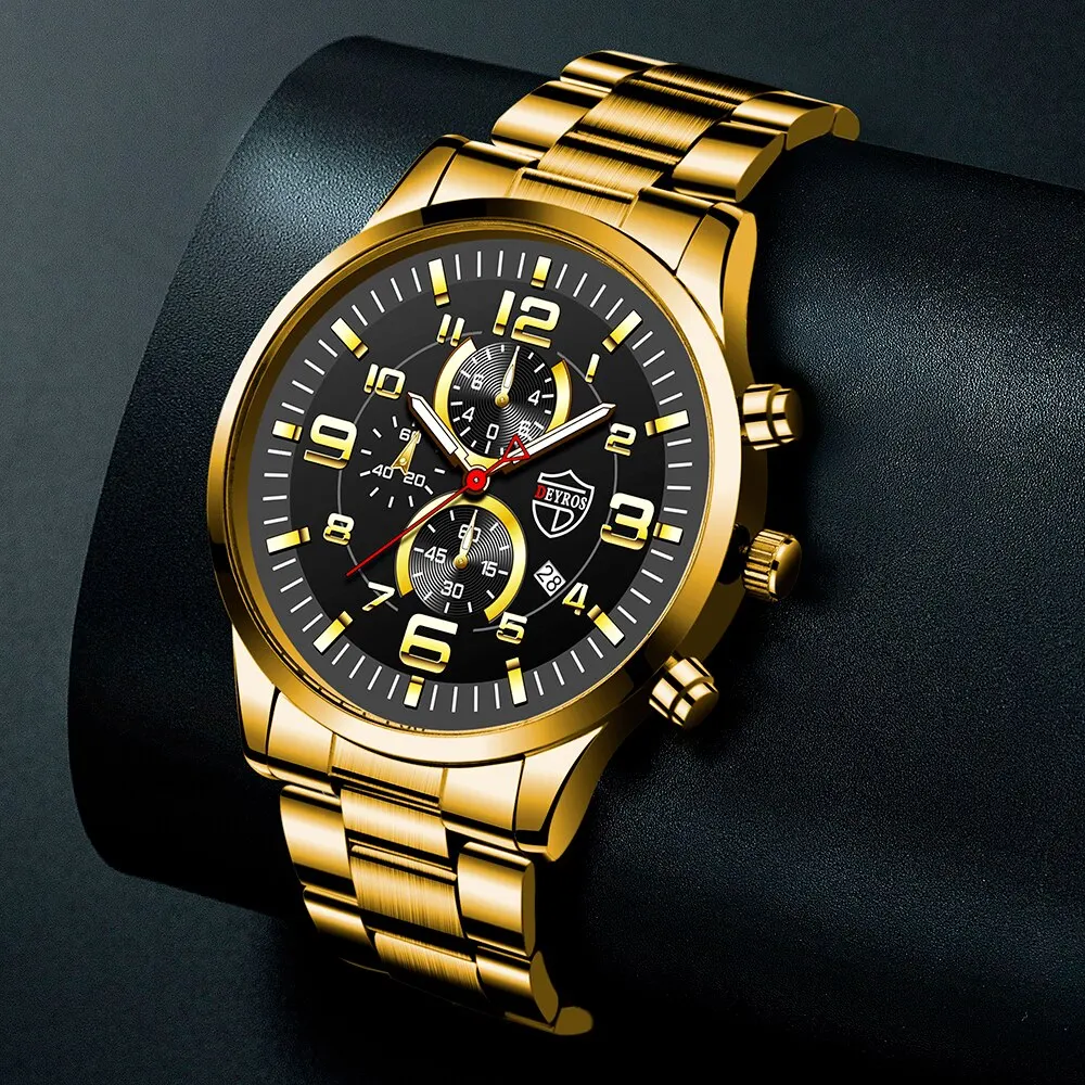 3PCS Fashion Mens Gold Necklace Bracelet Watches Set Men Business Casual Stainless Steel Quartz Watch Male Calendar Wristwatch