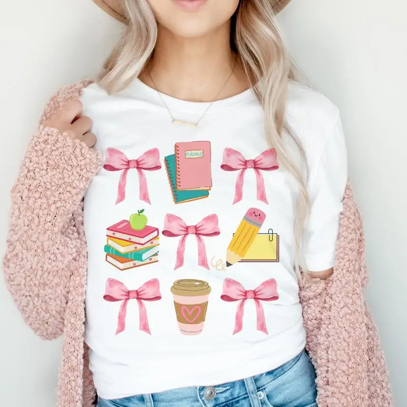 

Cute Teacher Student T-Shirt - Back To School Bow Book Pencil Coffee Graphic Tee, Adorable Education Gift for Women Girls
