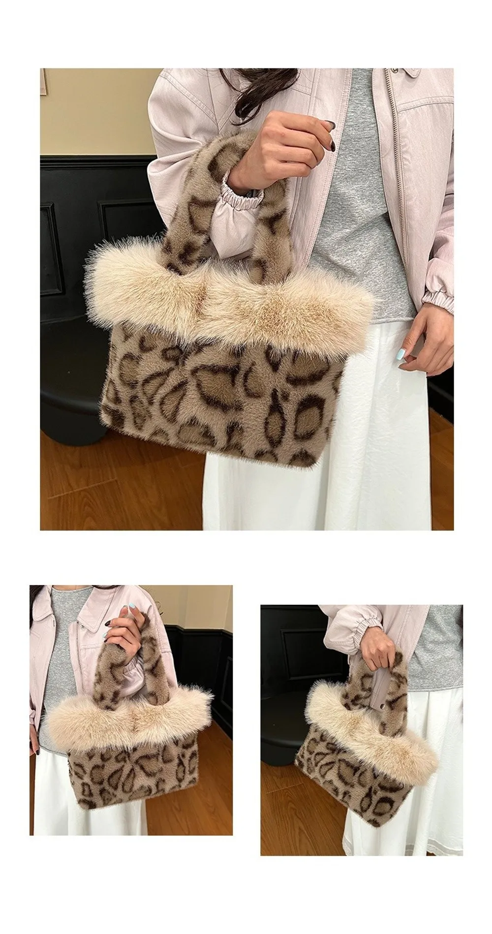 Modische Leopardenmuster-Fell-Tragetasche Warme Weiche Schultertasche Große Kapazität Flauschige Handtasche für Damen – Detail 4