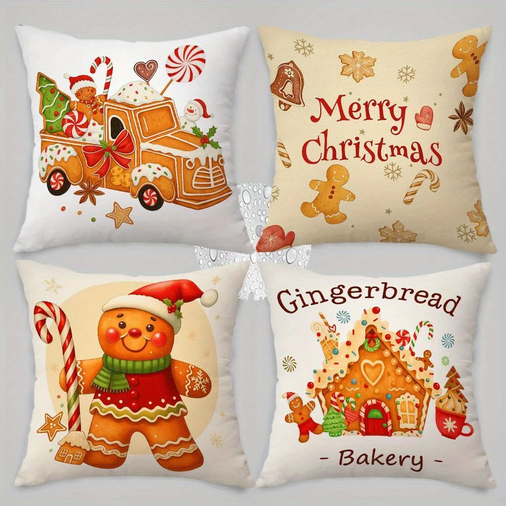 4pcs Set, New Christmas Pillow Covers with Gingerbread for Man Car and House Prints, Warm Comfortable