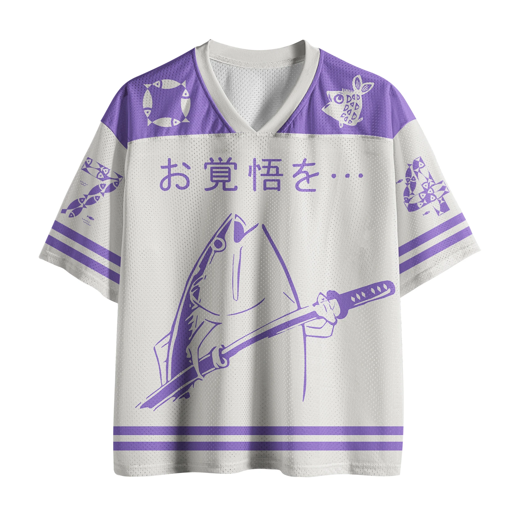 Lustiges Samurai-Fischmuster-T-Shirt Japan „Get Ready for Yourself“ bedrucktes, übergroßes Mesh-Sport-T-Shirt für Erwachsene und Kinder