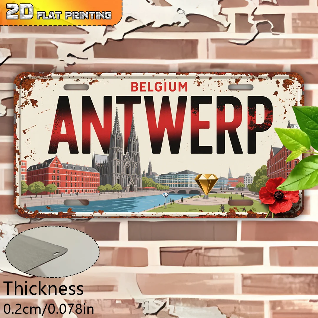 Vintage Antwerp Belgium Map & Landmarks 2D Flat Aluminum Sign 6x12 Inch (15x30cm) with Dutch/Flemish Text And English Labels Ico