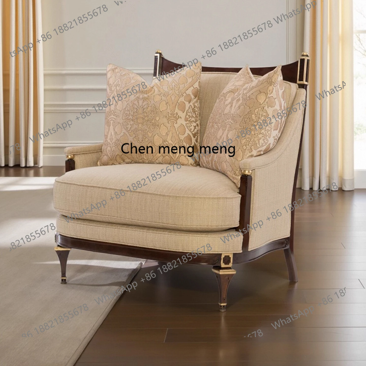 Retro solid wood sofa Neoclassical living room single, casual sofa chair
