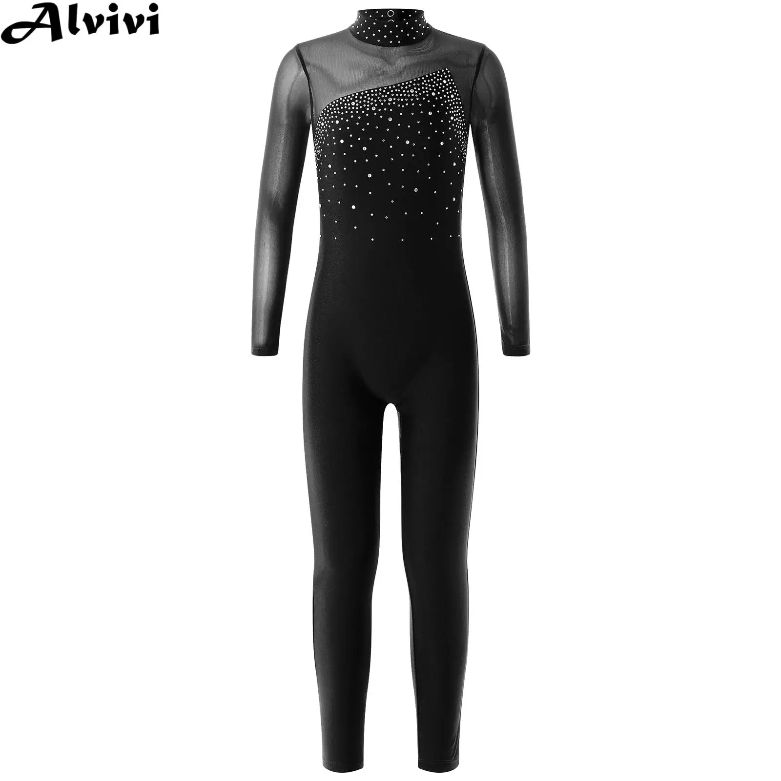 Kids Girls Figure Skating Jumpsuit Gymnastics Acrobatics Ballet Dance Performance Costume Shiny Rhinestone Sheer Mesh Leotard