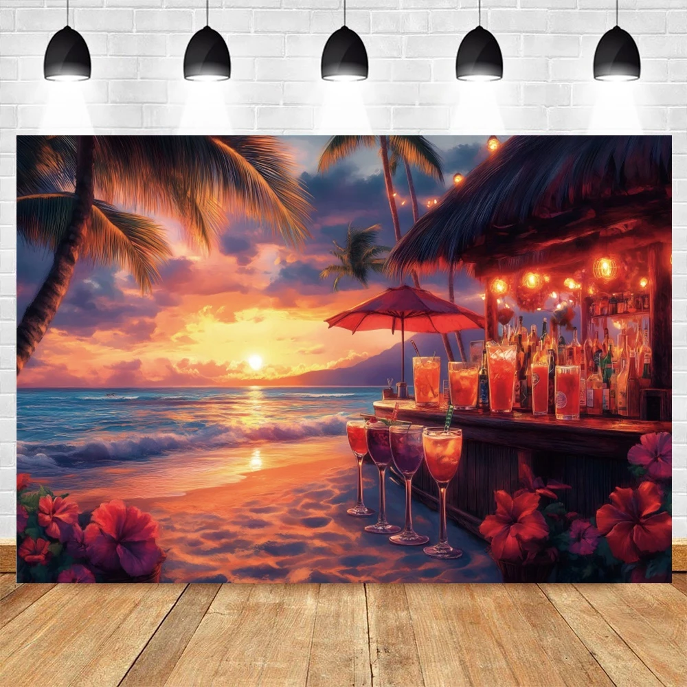 Summer Seaside Holiday Party Decor Backdrop Sunset Sand Coconut Tree Flower Floral Birthday Decoration Photography Background