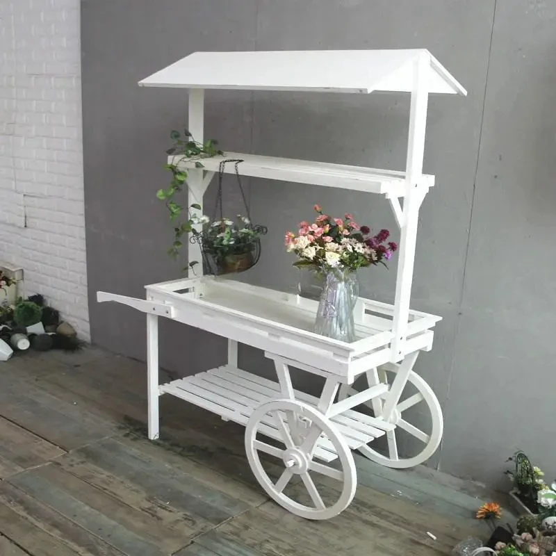 Pastoral Flower Rack Solid Wood Cart Storage Rack Balcony Storage Rack Shopping Mall Creative Promotion Car Outdoor Decoration