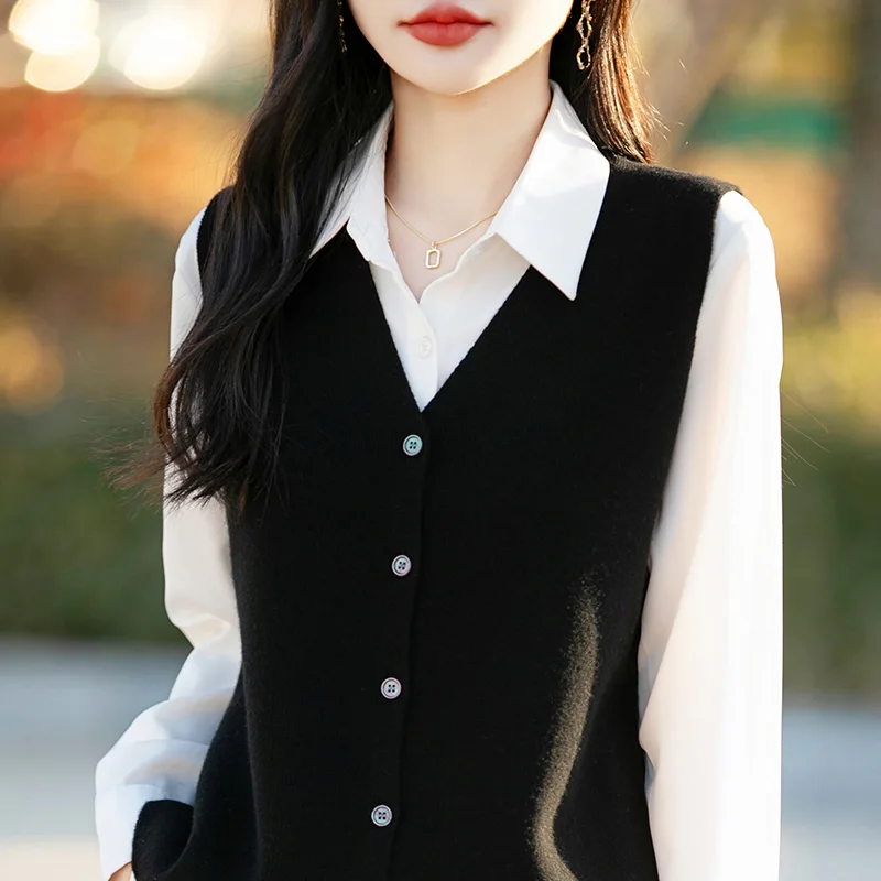 Rompi Wol Murni 100% Rompi Rajutan Kardigan Wanita 2025 Jaket Longgar Baru Rompi Joker Sweter Tanpa Lengan Kerah V Warna Solid