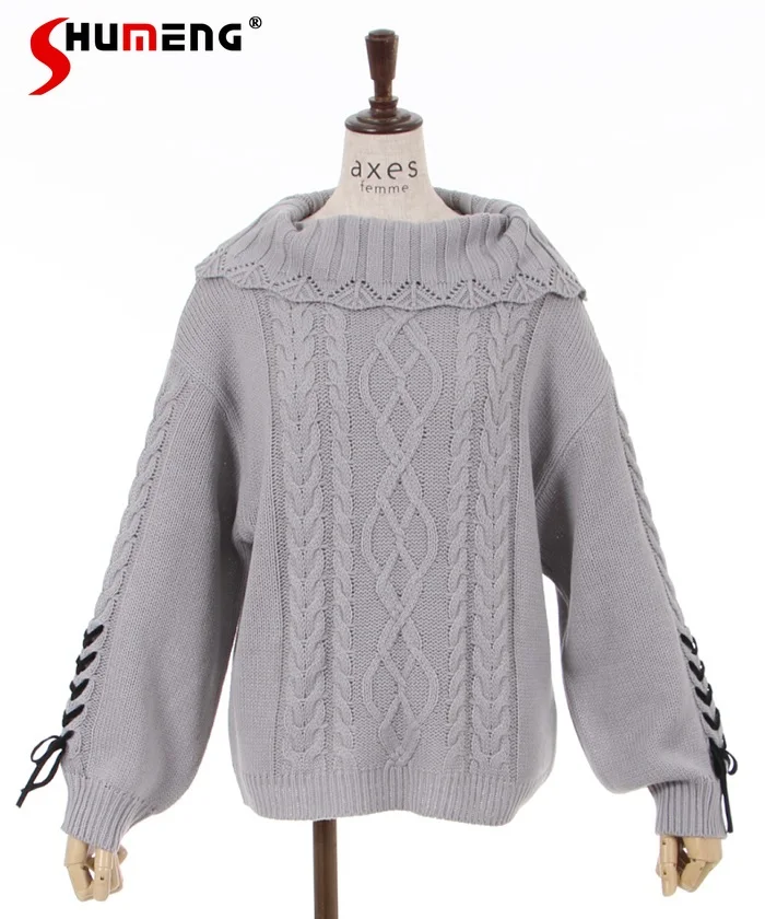 

Winter Sweet Warm Bandage Knitted Top 2024 New Loose Lace-up Sleeve Light GrayTurtleneck Sweater for Women Sueters De Mujer