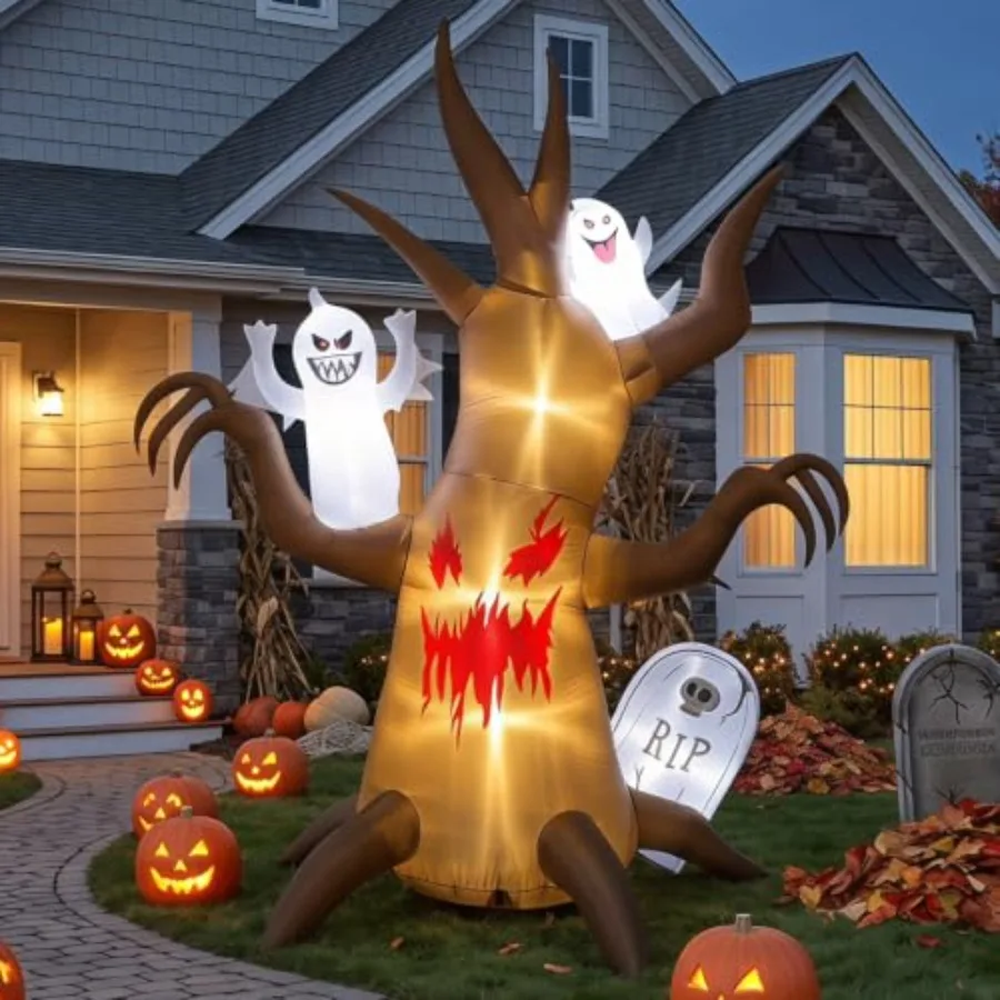 Outdoor Halloween Decoration: PVC Ghost Tree Inflatable with LED Lights, White and Gray, Weatherproof Easy Setup