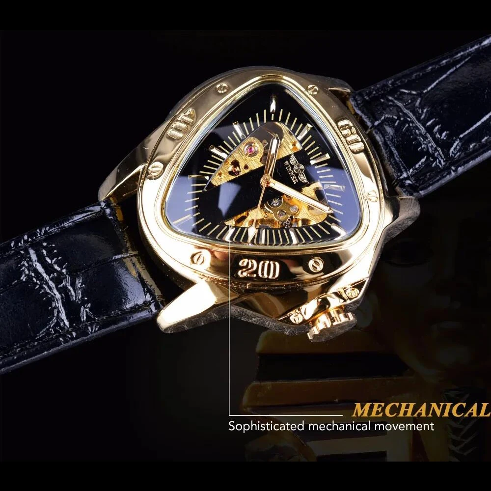 WINNER Steampunk Fashion Men\'s Automatic Mechanical Watches Triangle Golden Skeleton Movement Genuine Leather Racing Wristwatch