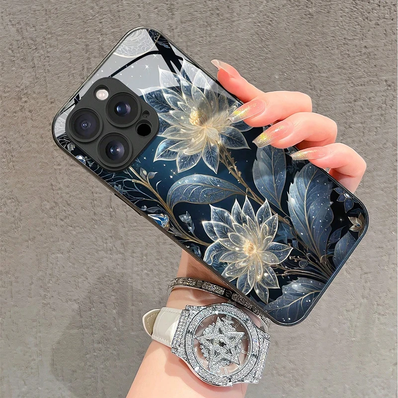 Glowing Flower Pattern Tempered Glass Phone Case For iPhone 17 16 15 14 Pro Max 13 12 11 Pro 16E 17Air 7 8 Plus XR XS X Cover - Image 2