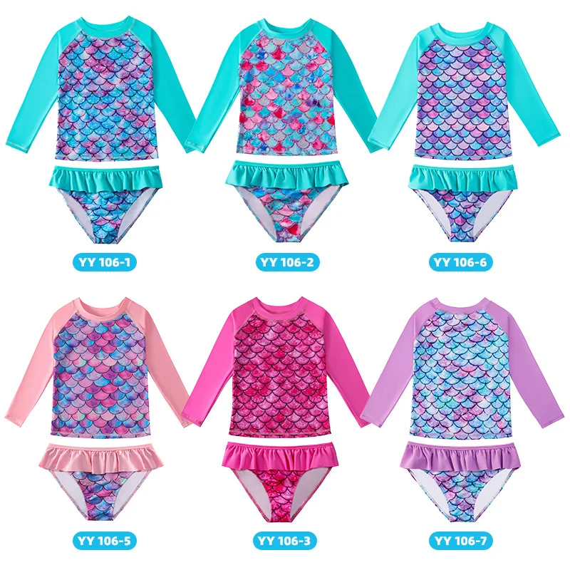 2024 Summer Children Long Sleeves Split Swimsuit Set Girls Mermaid 3D Print Fish Scales Bathing Suit+Bikini Two-piece Suit 3-9Y