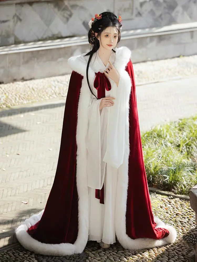 Winter Warm Chinese Hanfu Long Cloak Ancient Style Red Hooded Coat Chinese Style Cloak Plus Velvet Thickened Large Fur Vollar