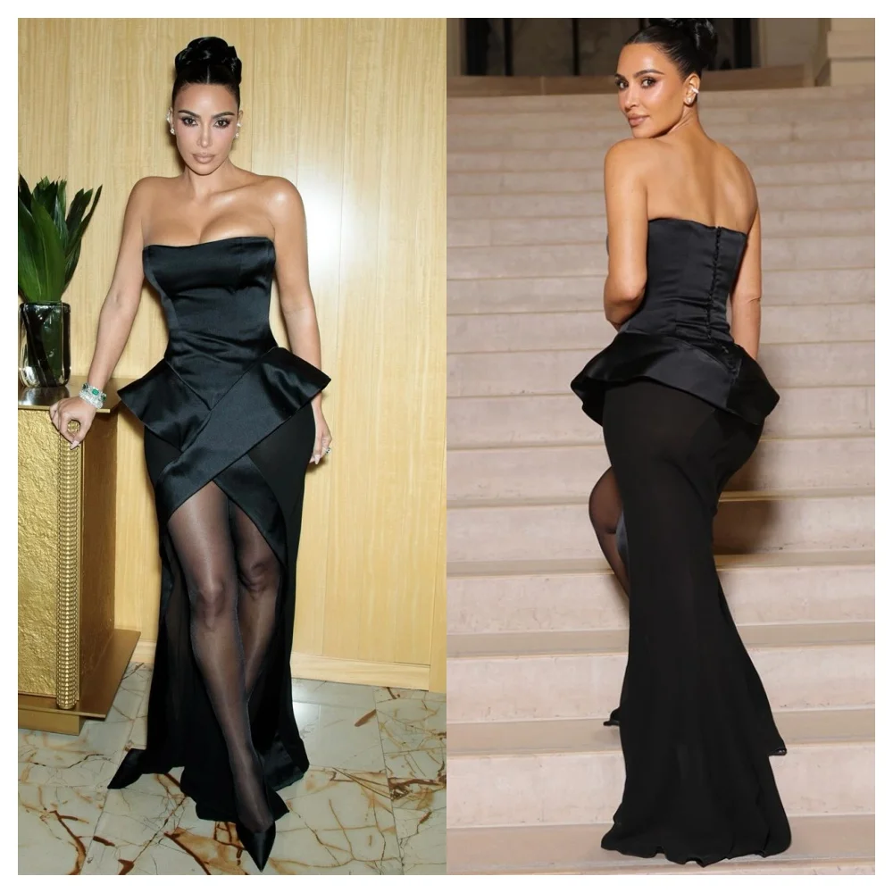 

Customized Classic Black Satin Evening Dress Fashion Strapless Sleeveless Party Dress Elegant Straight Floor Length Prom Dress