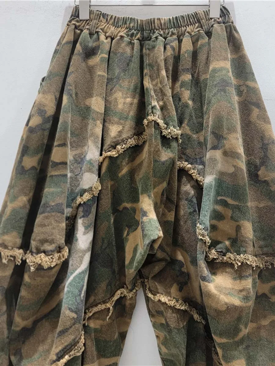 GALCAUR Colorblock Loose Spliced Elastic Waist Fashion Harem Pant for Women Patchwork Tassel Camouflage Pants Female New Style