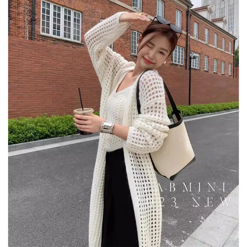 V-neck Hollow Out Long Knit Sweater Summer Thin Cardigan Women\'s Shawl Loose Air Conditioning Shirt Female Wearing Outside Jacke