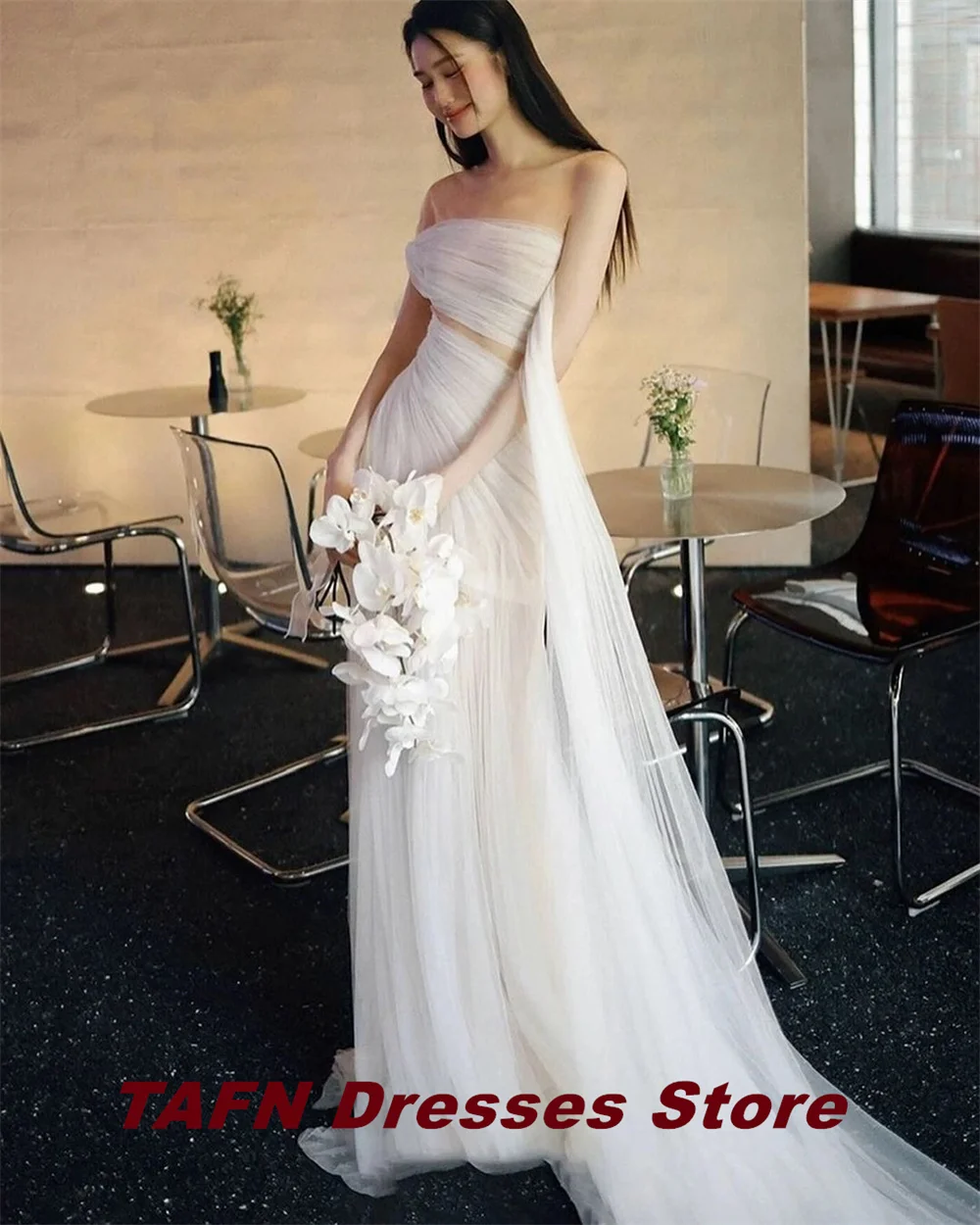 TAFN Simple Tulle Wedding Dresses Off the Shoulder Shooting Dresses FloorLength Sheath Sweep Elegant Bridal Gown Customized