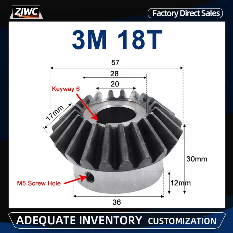 1pc Bevel Gear 3M18T 3 Mod 18 Teeth With Inner Hole 20mm keyway 6mm 90 Degree Drive Commutation Steel Gears With 2pcs M5 Screw