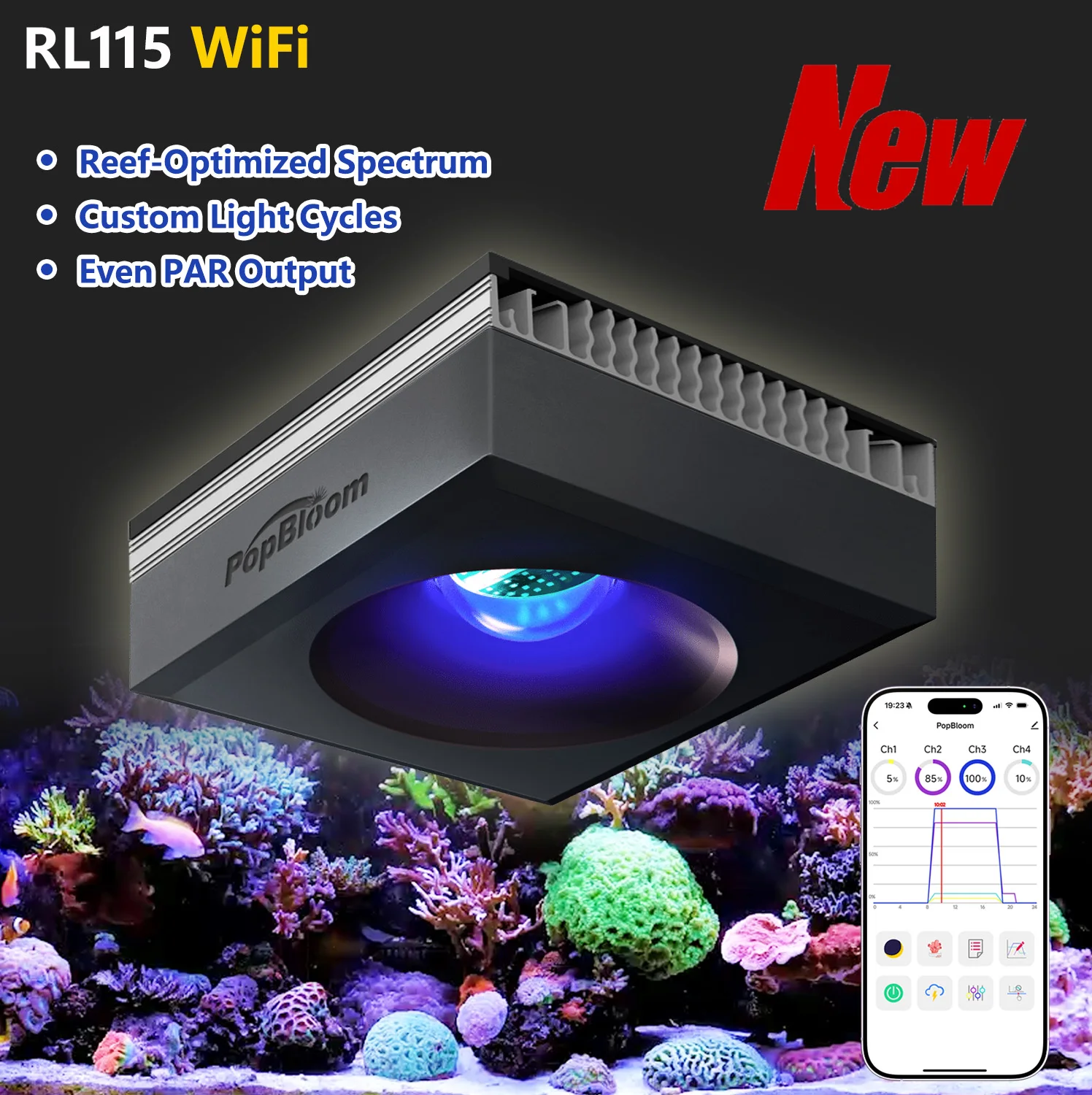 PopBloom 2026 Nouveau lancement : Lumière LED pour aquarium récifal 120W, programmable via WiFi et application, pour réservoirs marins de 36", 48", 50", 72" avec coraux SPS et LPS.
