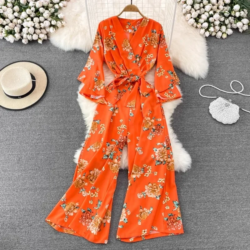 

Spring Autumn Vintage Occident Holiday Romper V Neck Flare Sleeve Flower Print Bodysuit Bandage Slim Wide Leg Pant Jumpsuit