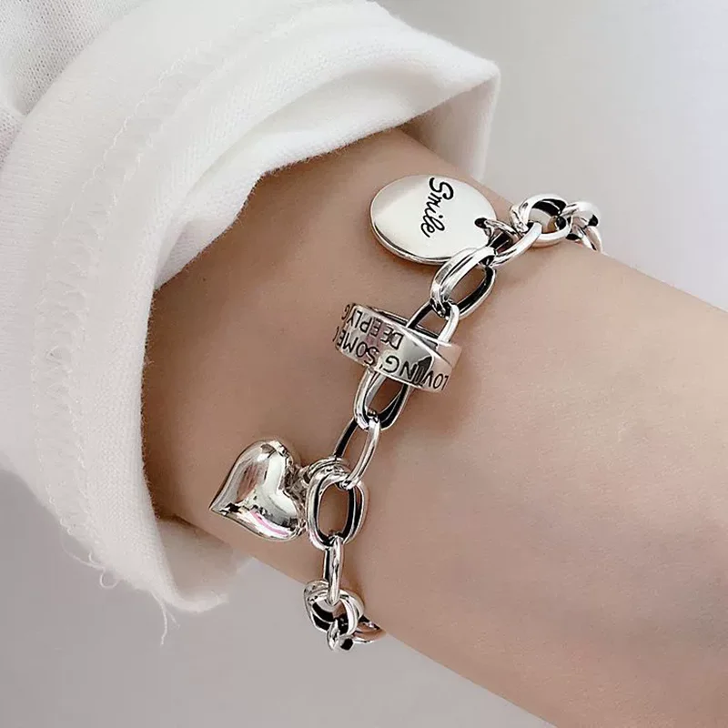Pulseira de Prata Tailandesa 925 para Mulheres, Joia Punk Vintage Geométrica com Coração e Amor, Presente de Aniversário e Festa Novo 2026