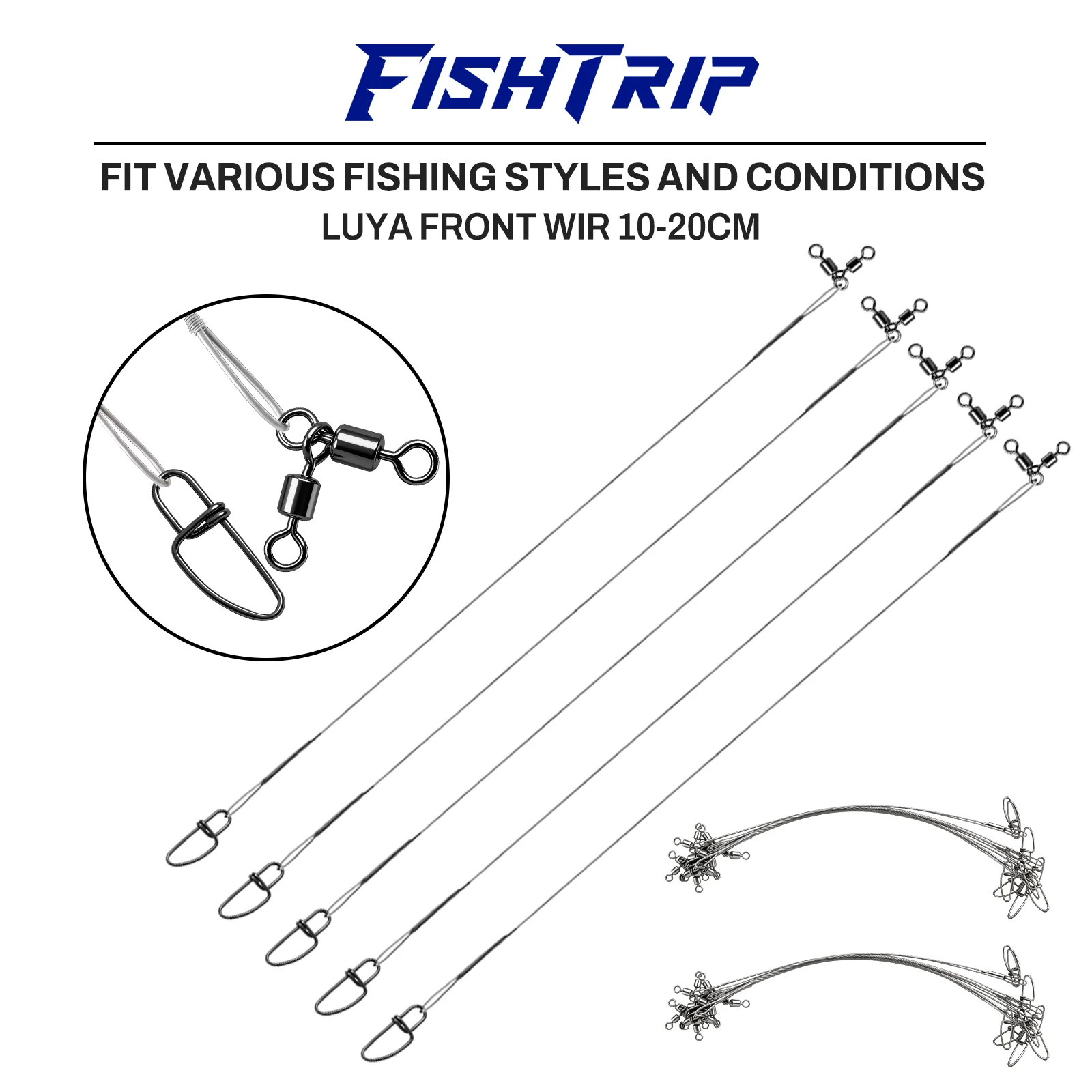 FishTrip 10 Stück 30-80lb Köder-Vorfachschnur mit Drehwirbel-Verbinder, Drei-Wege-Wirbel, Edelstahl-Kreuzdraht-Angelzubehör – Detail 3