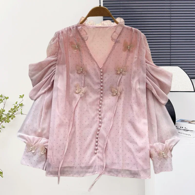 ใหม่,เกาหลี,สไตล์,Pullover,เสื้อ,เก๋,เซ็กซี่,คอวี,Patchwork,ผีเสื้อสามมิติ,ประดับด้วยลูกปัด,ผู้หญิง,แขนยาว,เสื้อ,571603