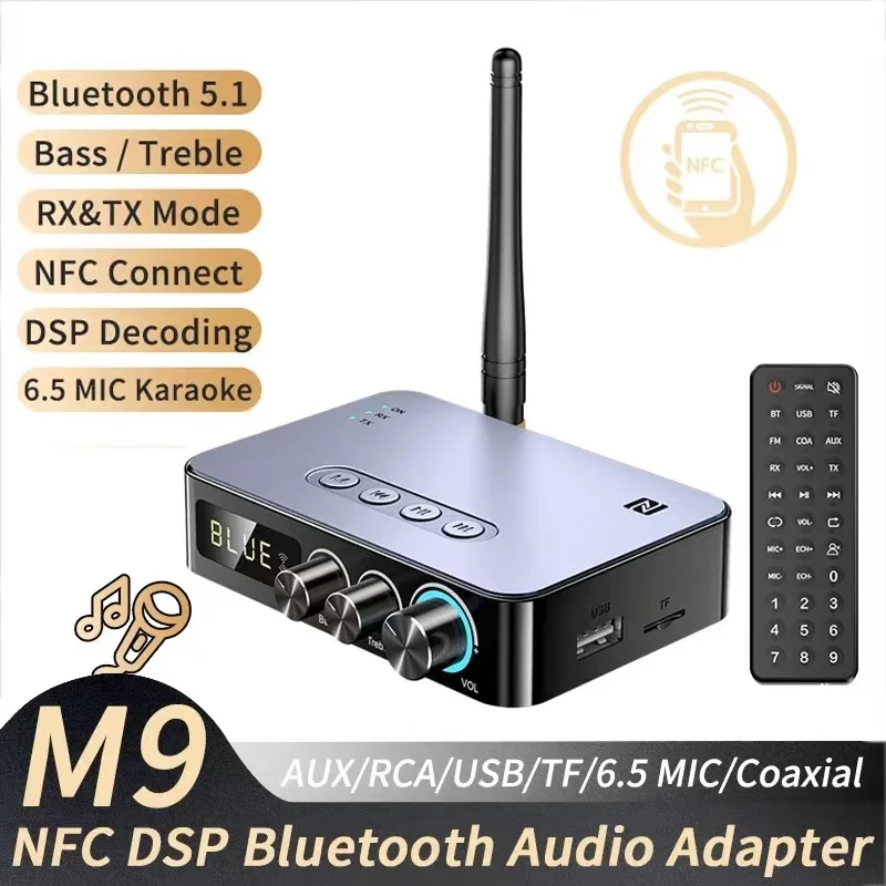 M9/M9Pro Bluetooth Audio Receiver Transmitter DSP Wireless Adapter NFC/AUX/RCA/USB U-Disk/TF/6.5 Mic Karaoke/Coaxial/FM Radio