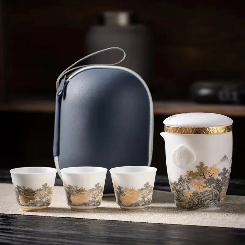 Ice Jade Porcelain High-end Travel Blue Color Mountain Viewing Cup Ceramic One Pot Three Cups Colorful Portable Travel Tea Set