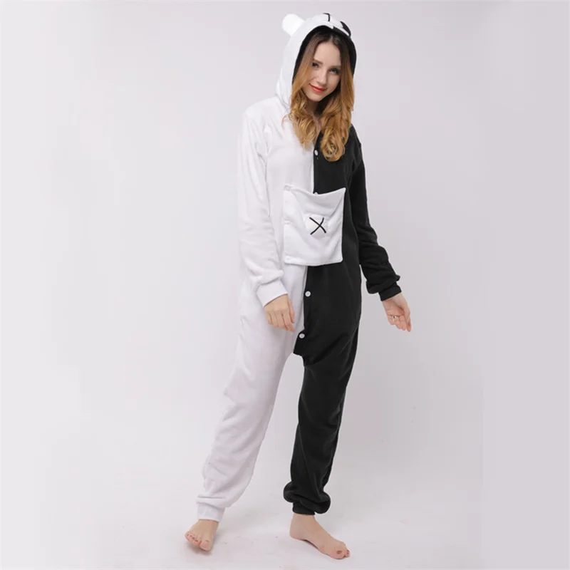 

Black White Nightgown Hooded Romper Jumpsuit Sleepwear Onesies Adult Lingerie Animal Pajamas Adult Kigurumi Babydolls Flannel