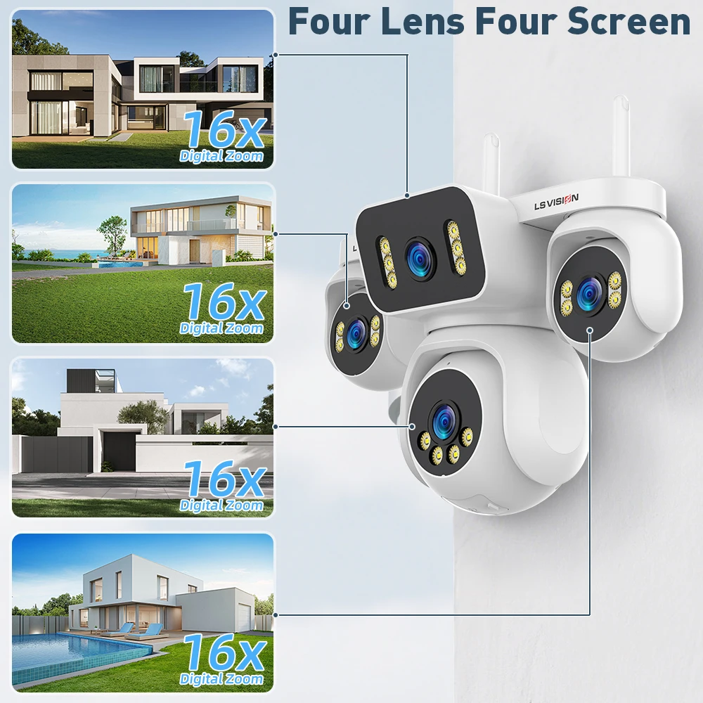 LS VISION 20MP Four Screens WiFi IP Camera Wireless Outdoor Four Lens 16X Digital Zoom Human Auto Tracking Home Security Cameras