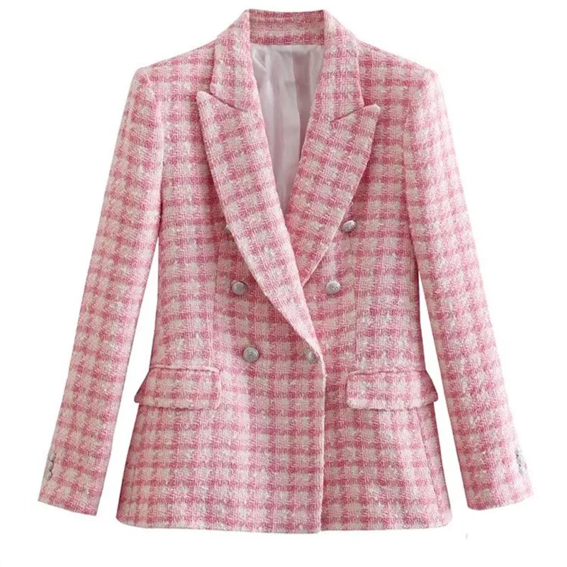 

Fashion Houndstooth Blazer Woman 2025 New Spring Vintage Pink Tweed Double Breasted Long Sleeve Coat Office Lady Loose Suits