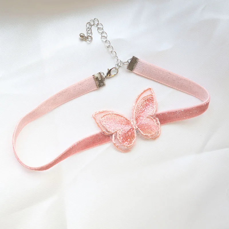 Lovely Girl Choker New Korea Fashion Cute Pink Color Heart Butterfly Lace Bow Necklace for Women Charm Wedding Birthday Jewelry