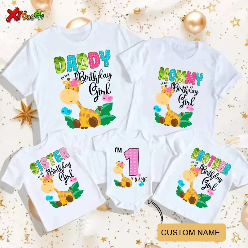 Birthday T Shirt Giraffe for Kids Family Matching Zoo Animal Clothes Kids Boys Giraffe Party Girls Clothing Outfit Custom Name