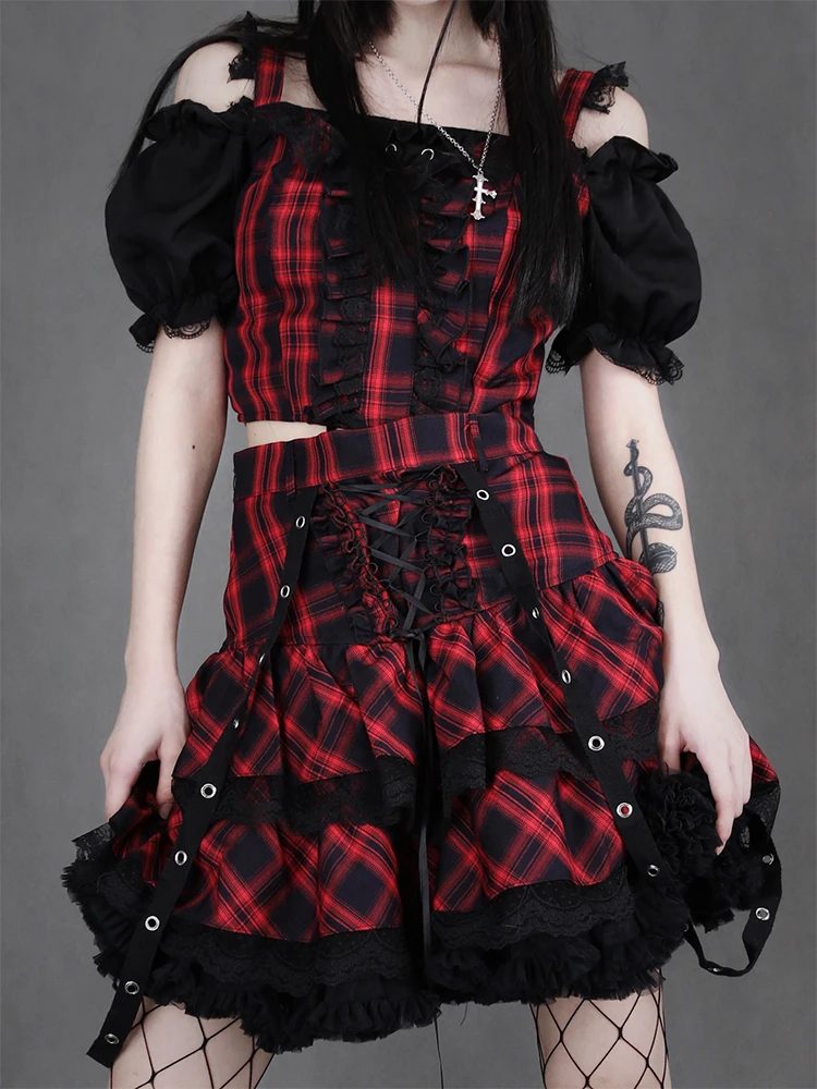 New Japanese Harajuku Style Girls Red Plaid High Waist Skirts Sweet Lolita Mini Cake Skirts Kawaii Cosplay Hot Girl Suit