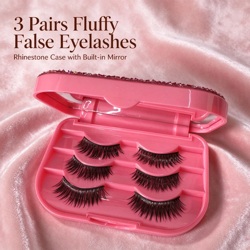 False Eyelashes with Built-in Mirror Case 3 Pairs Fluffy Volume Fake Lashes Portable Travel Eyelash Storage Box Reusable Thick Eye Lash Kit Women Daily Makeup