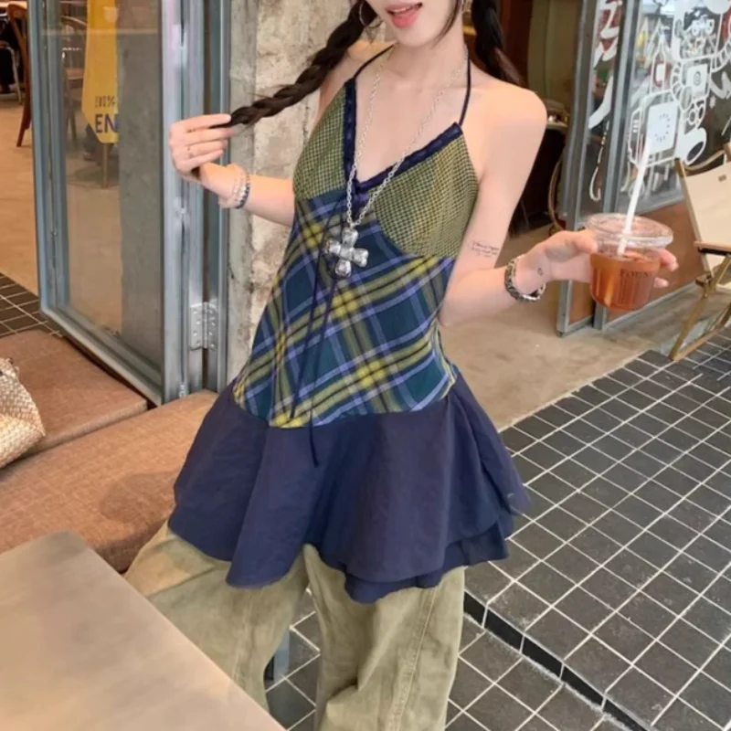 

2025 Summer for Women Tops Vintage Korean Retro High Street Patchwork Ruffles Camis Sleeveless Y2k Streetwear 00s Vest