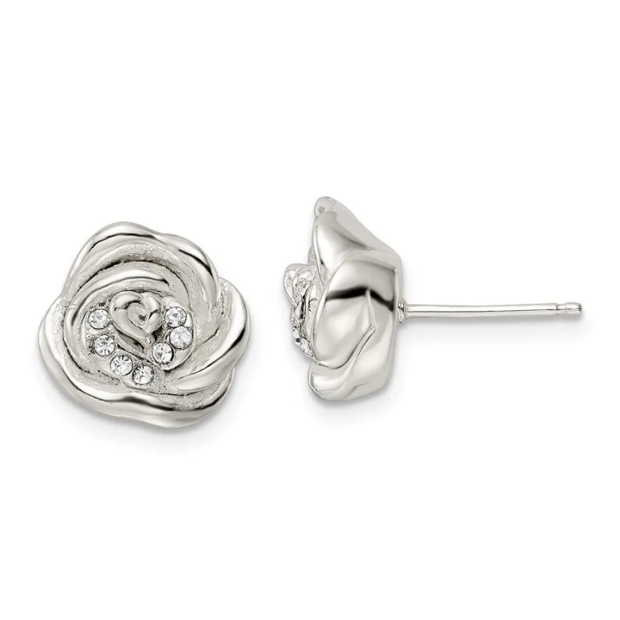 

Sterling Silver Polished Lasered Crystal Rose Post Earrings