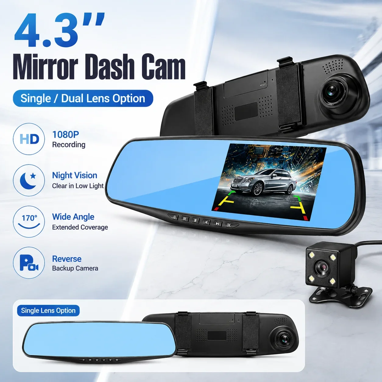4.3 Inch Mirror Dash Cam Single Dual Lens Option 1080P Front Rear Recording Car DVR Night Vision Reverse Backup Camera