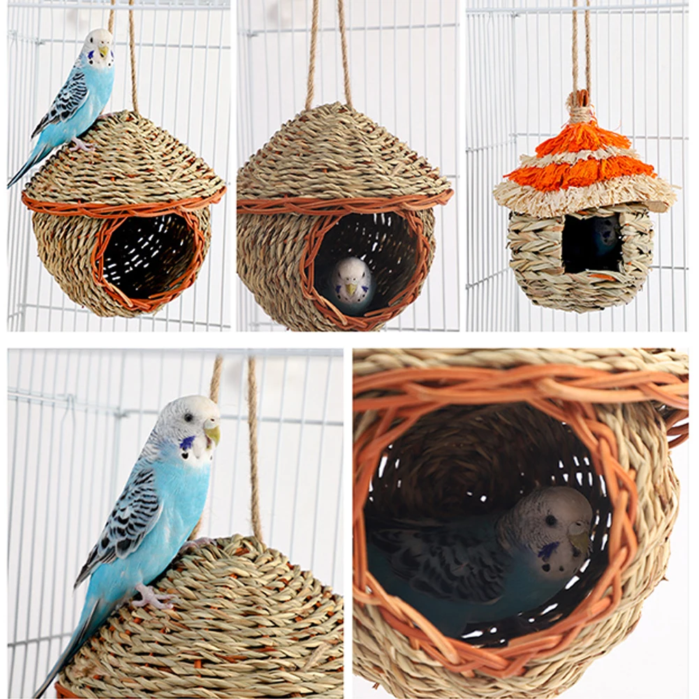 Bird Nest Hand-Woven Grass House For Small Parrot Canary Lovebird Parakeet Hatching Birds Hut Outdoor Hanging Chickadee House