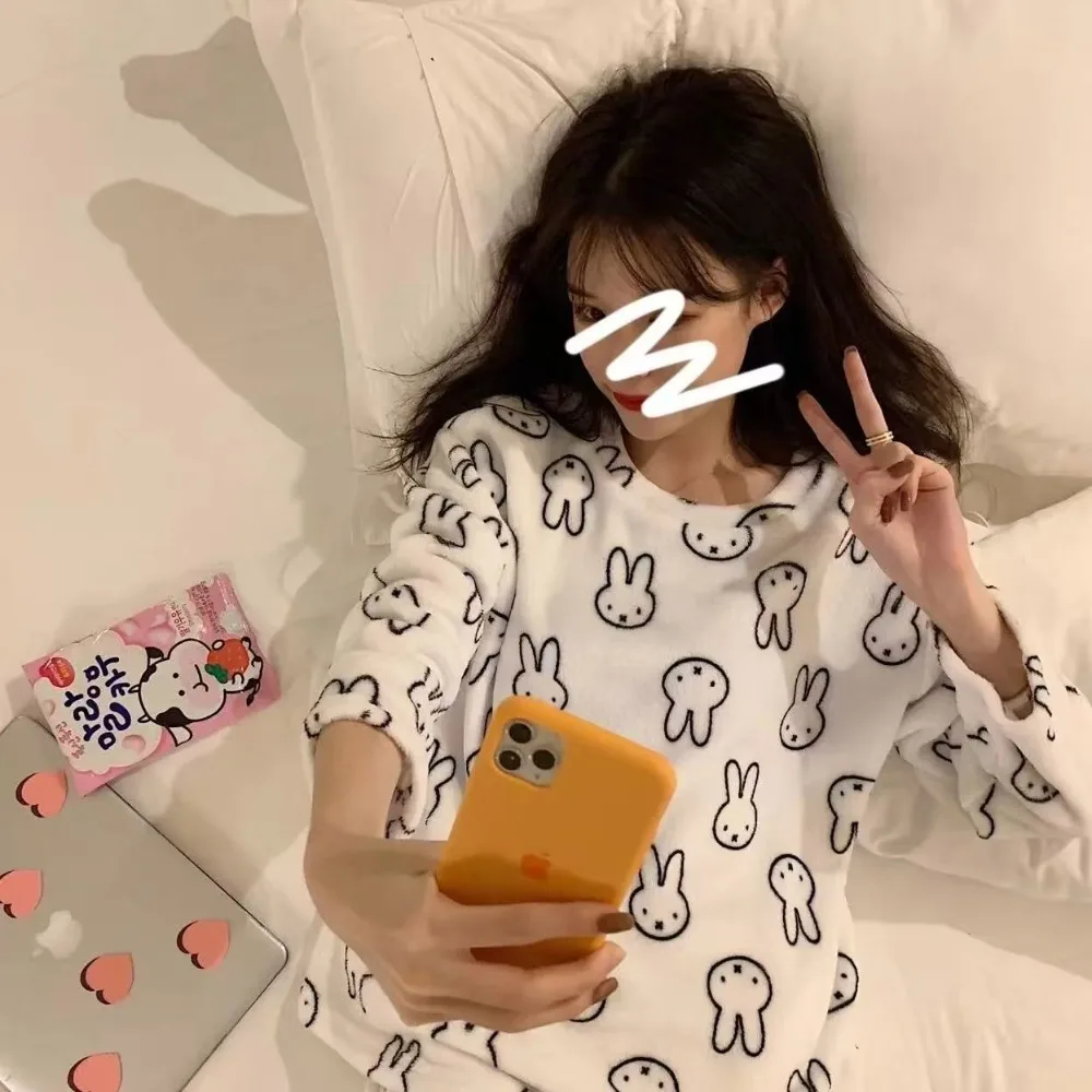 Miffy coelho coral velo pijamas manga longa engrossado flanela feminina conjunto de roupas para casa outono e inverno calor