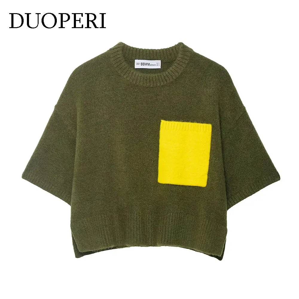 DUOPERI Women's Green Knitted Pullover Sweater Fashion With Pockets O-Neck Short Sleeves Female Elegant Chic Lady Tops