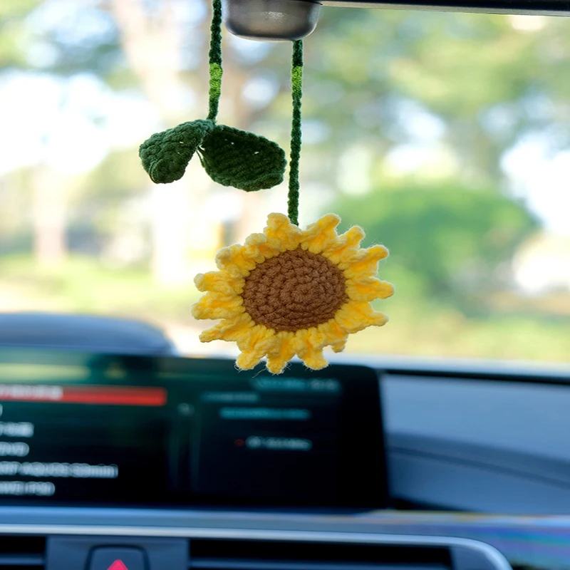 Multipurpose Handmade Crochet Sunflower Car Rearview Mirror Decoration Charm Ornaments Auto Interior Accessories Car Decor